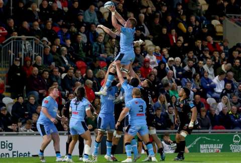Matthew Screech of Cardiff Rugby takes the ball at a line-out against Dragons at Rodney Parade