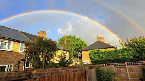 A double rainbow as seen over Morden, south London following a rain shower