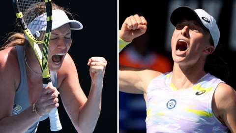 Danielle Collins (left) and Iga Swiatek (right) celebrate Australian Open wins