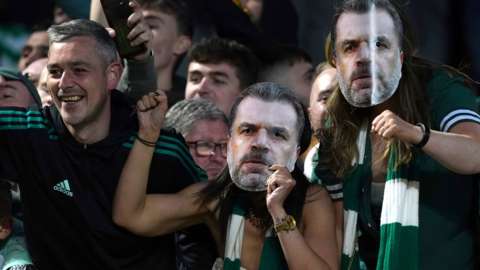 Celtic fans wearing Ange Postecoglou masks