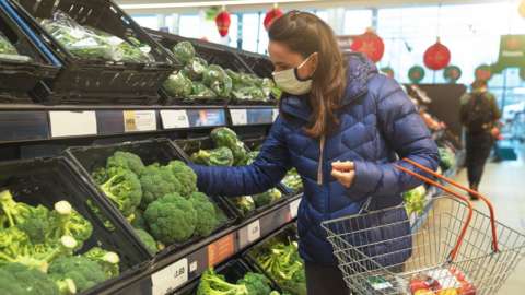 Woman wearing a face mask in a supermarket