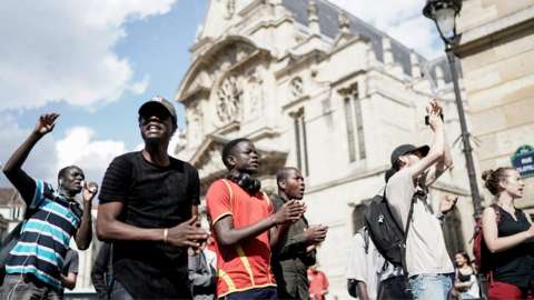 Undocumented migrants demonstrate to ask for the regularisation of their situation near the Pantheon in Paris