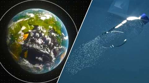 Planet earth from space and a visualisation of a plastic bottle being broken down