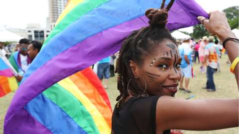 Supporters of LGBT rights and equality conclude three weeks of solidarity-building events with a festive parade during the first annual Pride Arts Festival on July 28 in Port of Spain, Trinidad
