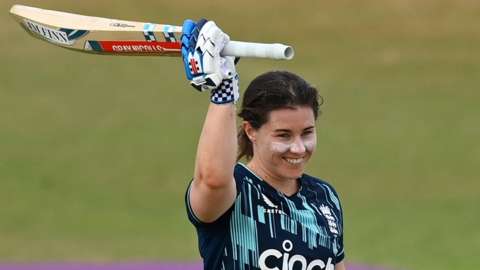 England's Tammy Beaumont celebrates her century in the third one-day international against South Africa in Leicester