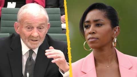 A split image of Middlesex chairman Mike O'Farrell speaking at a DCMS select committee hearing (left) and former England cricketer Ebony Rainford-Brent (right)