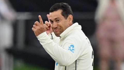 New Zealand's Ross Taylor celebrates taking the winning wicket as his side beat Bangladesh in the second Test