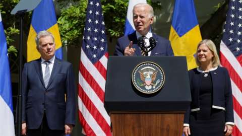 U.S. President Joe Biden delivers remarks next to Sweden"s Prime Minister?Magdalena?Andersson?and Finland"s President Sauli Niinisto, in the Rose Garden of the White House in Washington