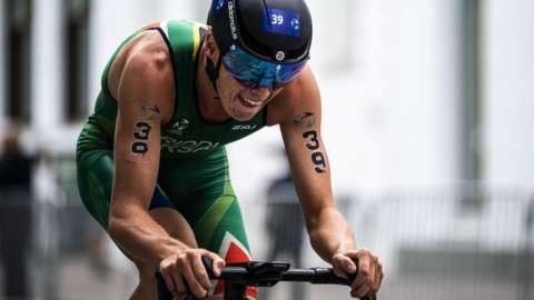 Jamie Riddle of South Africa in action in the men's triathlon at the Commonwealth Games in Brimingham