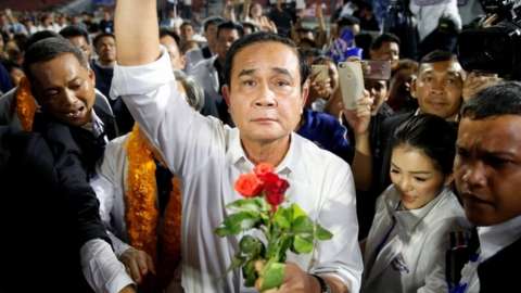 Thailand's Prime Minister Prayut Chan-o-cha at a Palang Pracharath Party campaign rally in Bangkok on March 22, 2019