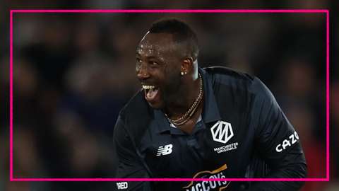 Manchester Originals all-rounder Andre Russell celebrates taking a wicket