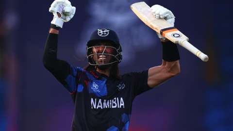 Namibia all-rounder David Wiese celebrates a victory