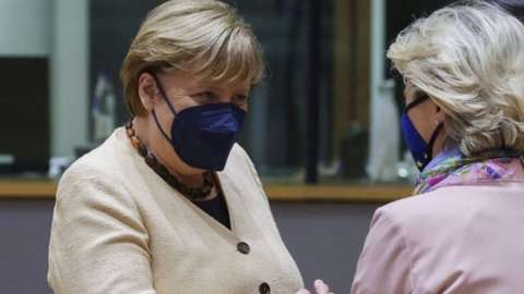 Germany's Chancellor Merkel greeting EU's Ursula von der Leyen, 21 Oct 21