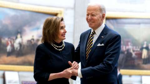 Speaker of the House Nancy Pelosi greets President Joe Biden
