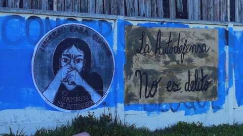 A mural in Spanish reads "I'd Defend Myself, Too'