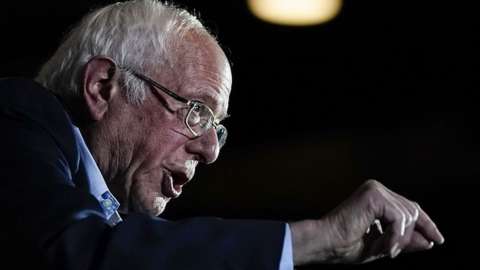 Bernie Sanders speaks after winning the Nevada caucuses during a campaign rally at Cowboys Dancehall on February 22, 2020 in San Antonio, Texas
