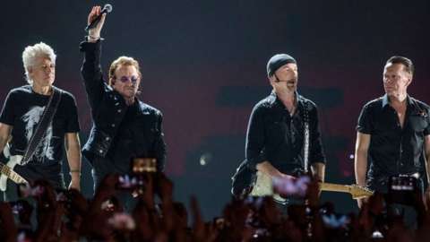 Irish rock band U2 performs as part of The Joshua Tree tour at DY Patil Stadium, Nerul on December 15, 2019 in Mumbai