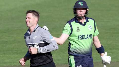 New Zealand's Lockie Ferguson celebrates a wicket against Ireland in the Men's T20 World Cup