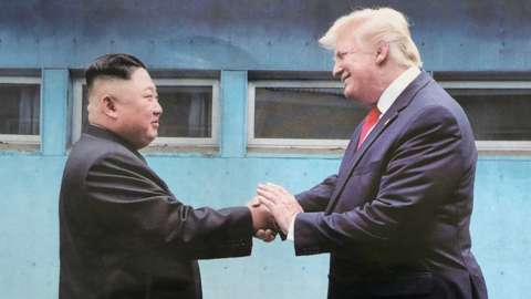 Kim Jong-un and Donald Trump at the Demilitarised Zone between the Koreas on 30 June 2019