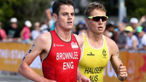 Jonny Brownlee competing for Team England at the 2018 Commonwealth Games