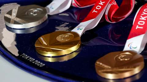 A medal tray that will be used for the victory ceremonies of the Tokyo 2020 Paralympic Games