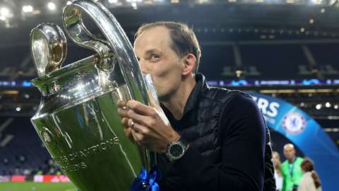 Thomas Tuchel kissing the Champions League trophy
