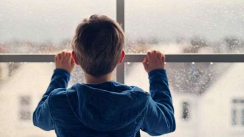 Boy stands at a window