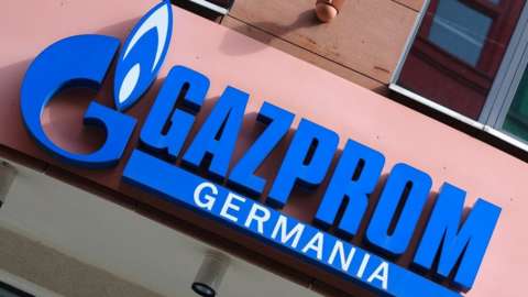 The logo of Gazprom Germania is pictured at their headquarters in Berlin