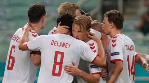 Denmark celebrate Kasper Dolberg's goal