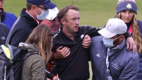 Actor Tom Felton receives medical attention after collapsing during the celebrity matches ahead of the 43rd Ryder Cup at Whistling Straits