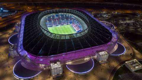 an aerial still of Ahmad Bin Ali Stadium in qatar