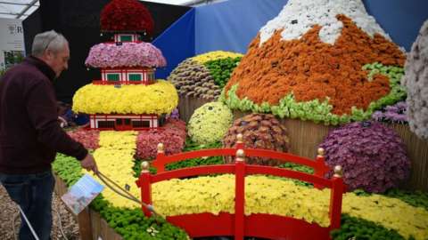 An exhibitor waters plants on a display of Chrysanthemums, arranged to depict Mount Fuji in Japan, during the 2022 RHS Chelsea Flower Show in London on May 23, 2022.