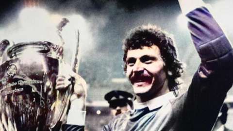 Ex-Steaua keeper Helmut Duckadam celebrates with the European Cup in 1986
