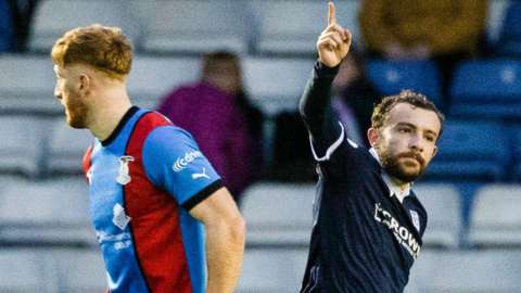 Dundee's Paul McMullan celebrates making it 1-0 during a cinch Championship match between Inverness Caledonian Thistle and Dundee at the Caledonian Stadium