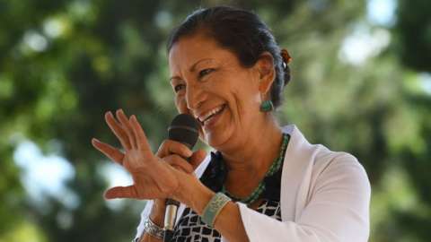 Native American candidate Deb Haaland who is running for Congress in New Mexico's 1st congressional district seat for the upcoming mid-term elections, speaks in Albuquerque, New Mexico.