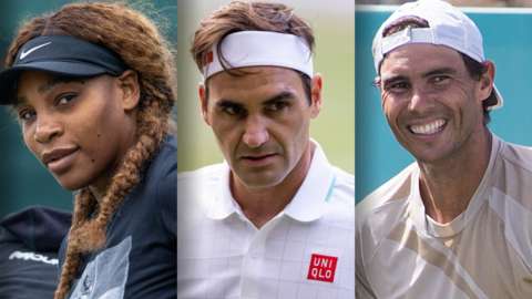Split image of Serena Williams, Roger Federer and Rafael Nadal