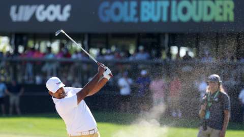 Anirban Lahiri playing a shot at a LIV Golf event in Chicago