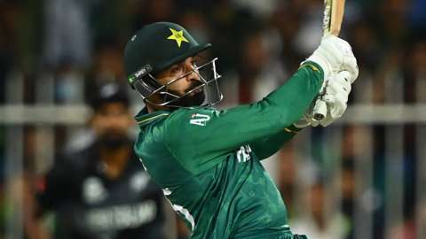 Pakistan's Asif Ali plays a shot against New Zealand in the Men's T20 World Cup