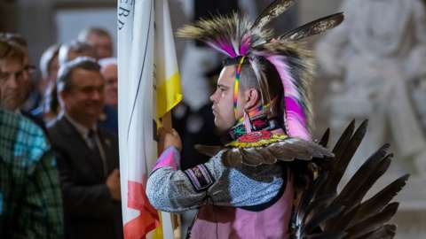 Colour guard member Andrew Thompson, a member of the Choctaw Nation of Oklahoma, participates in the dedication ceremony for the statue of Ponca Chief Standing Bear of Nebraska in Statuary Hall of the US Capitol in Washington, DC, USA, 18 September 2019