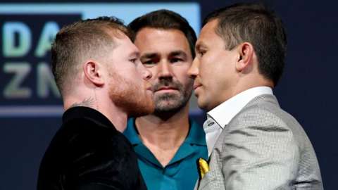 Gennady Golovkin and Saul 'Canelo' Alvarez face off at a press conference