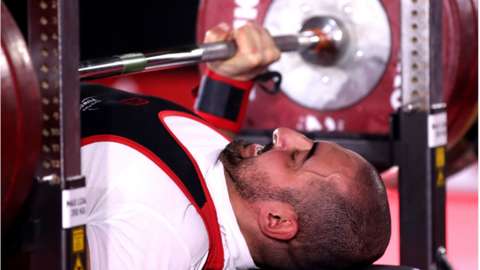 Ali Jawad competing at the Para-powerlifting World Cup in Manchester in March 2021