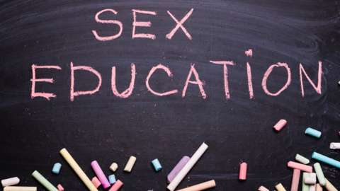 Sex education written on a black chalkboard