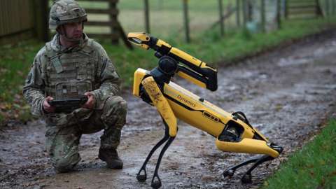 Soldier knelt next to a robotic dog