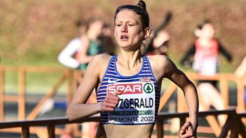 Innes Fitzgerald of Great Britain, competing in the U20 women's 4000m during the SPAR European Cross Country Championships at Piemonte-La Mandria Park in Turin, Italy.