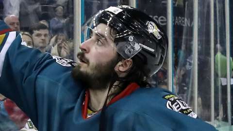 Belfast Giants' Jeff Baum celebrates after last weekend's play-off win against Coventry