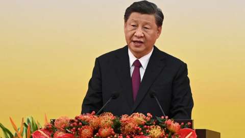 China's President Xi Jinping gives a speech following a swearing-in ceremony to inaugurate the city's new leader and government in Hong Kong.