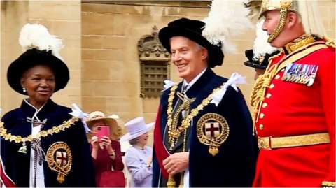 Baroness Amos (left) and Sir Tony Blair (centre) become members of the Order of the Garter