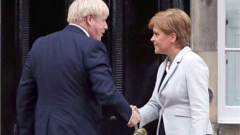 File photo dated 29/07/19 of Scotland"s First Minister Nicola Sturgeon welcoming Prime Minister Boris Johnson outside Bute House in Edinburgh.