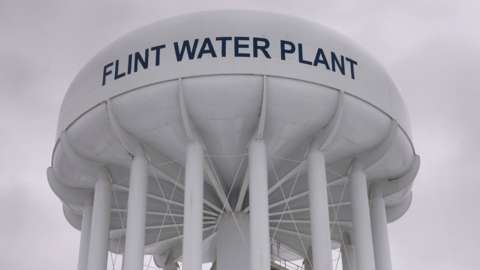 The top of a water tower is seen at the Flint Water Plant in Flint, Michigan in this January 13, 2016 file photo