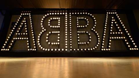 ABBA's sign is seen during the press viewing of world's first permanent ABBA museum.